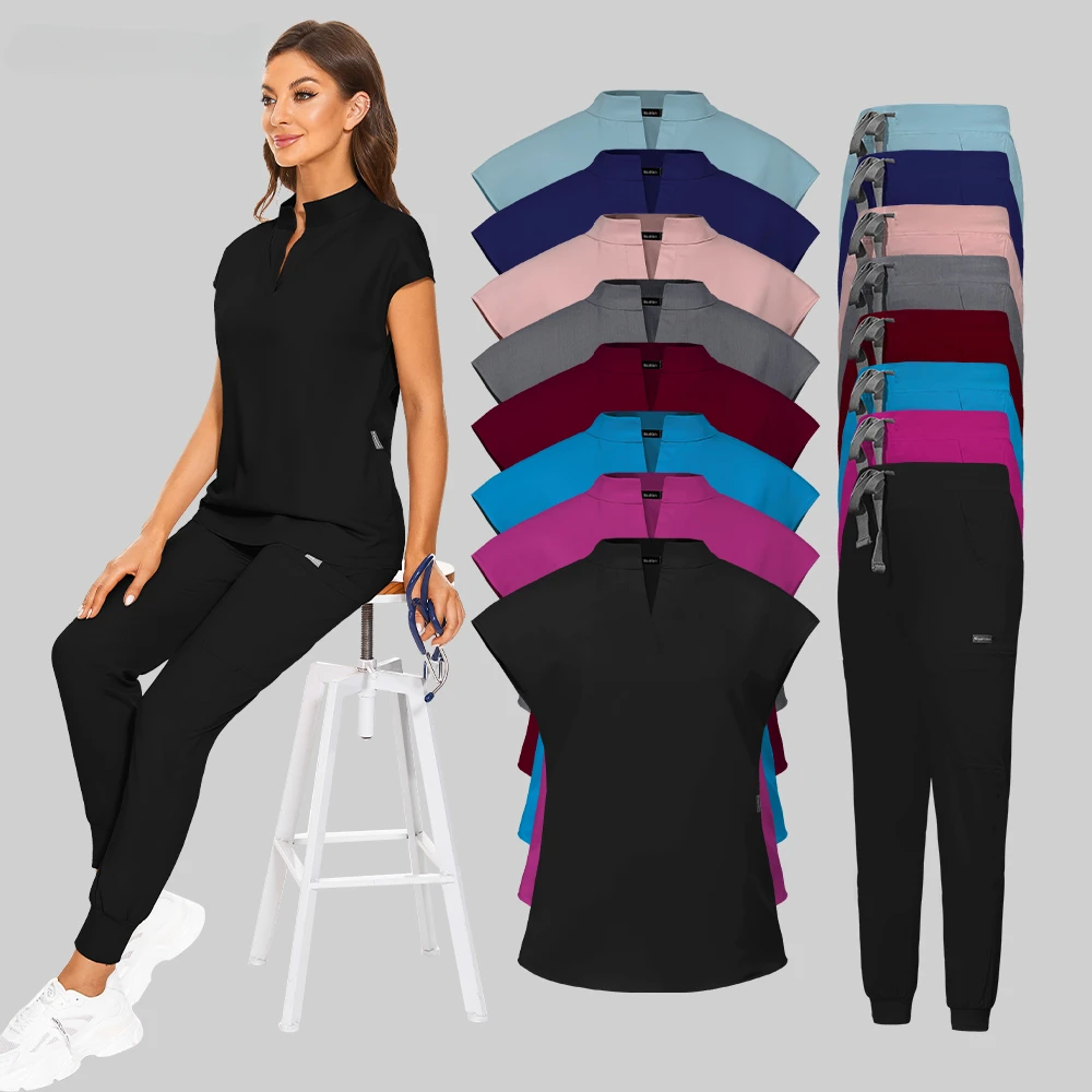 Scrubs Set Women Medical Nurse Uniforms Stand Neck V-cut Scrub Top Jogger Pants Vet Doctor Healthcare Workers Workwear Plus Size medical uniforms women long sleeve scrub top dentistry nurse work wear cotton veterinaria overalls doctor pants plug size scrubs