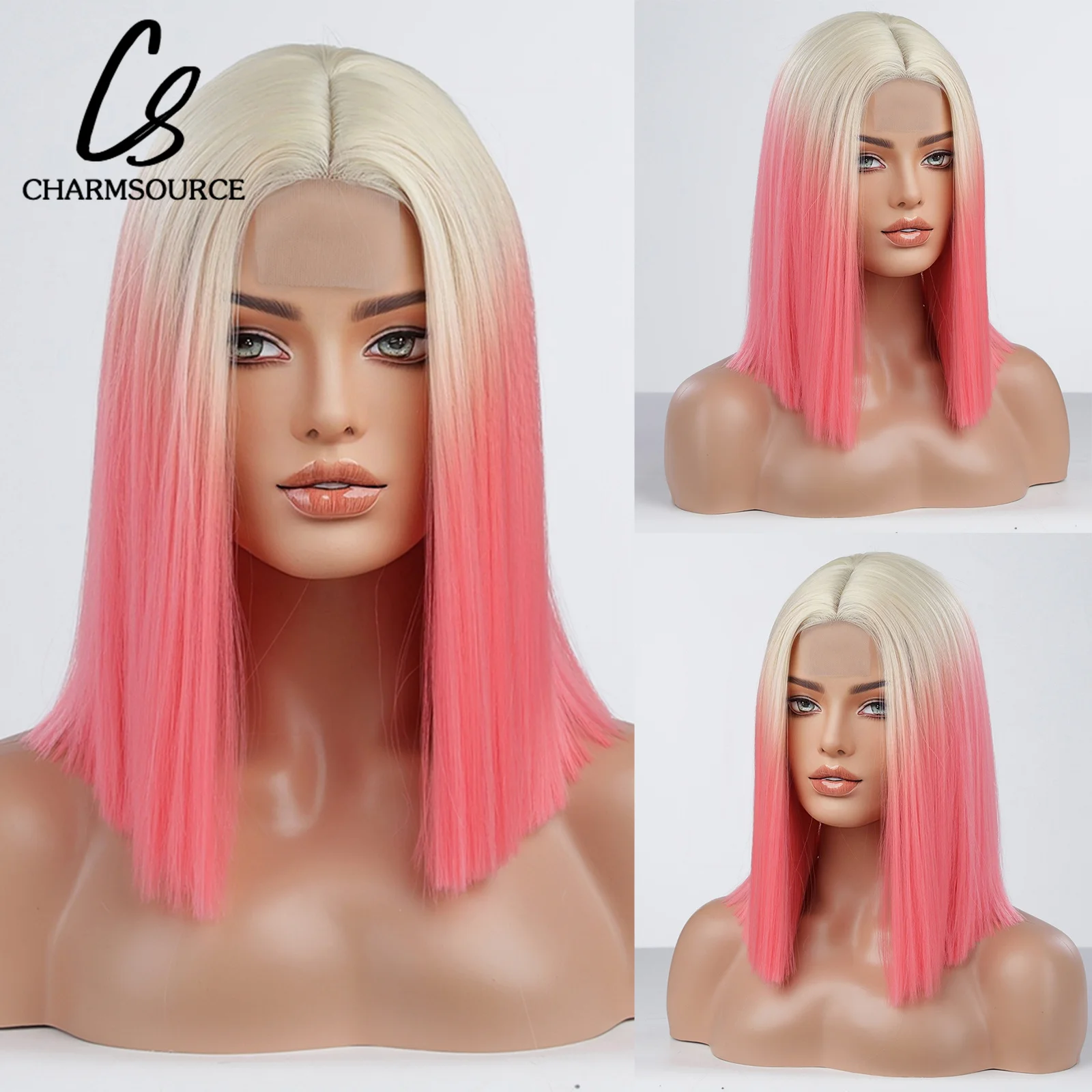 CharmSource Straight Bob Wig Middle Length Hair Ombre Beige to Pink Synthetic Wigs for Women Cosplay Party Heat Resistant Fiber