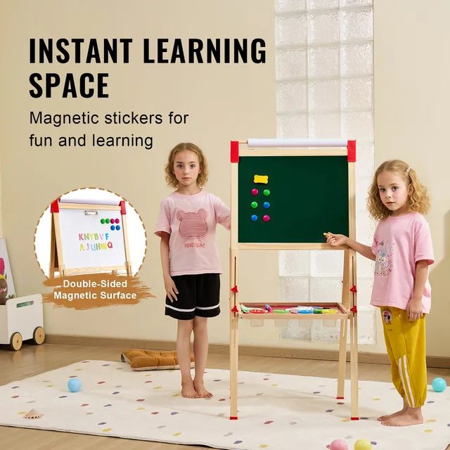 SucceBuy Children Magnetic Drawing Board Wooden Double-Sided Kid's Art Easel with Whiteboard Chalkboard for Girls Gifts Toys