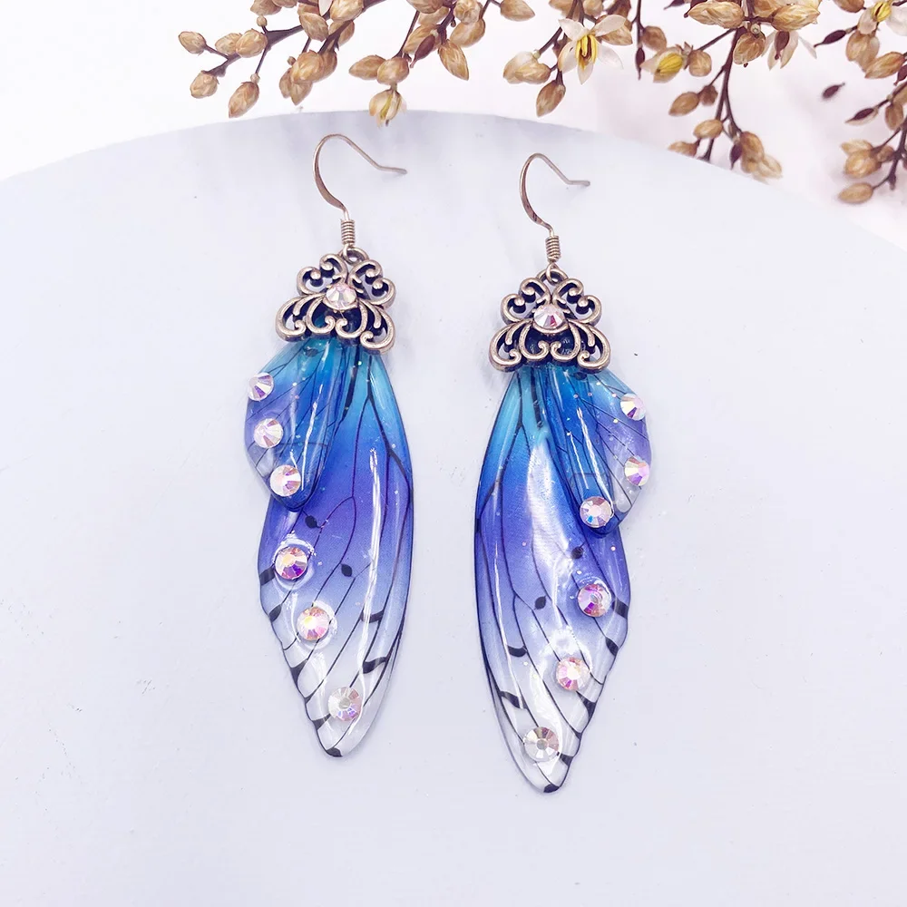 Fairy Rainbow Gradient Resin Butterfly Wing Rhinestone Glitter Earrings