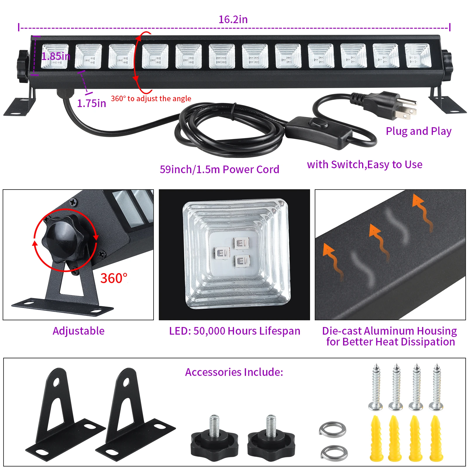 40W 3 Pack LED Black Light Bar, UV BlackLights ，Light UP 22*22ft*3，Fluorescent Body Paint Halloween Decorations