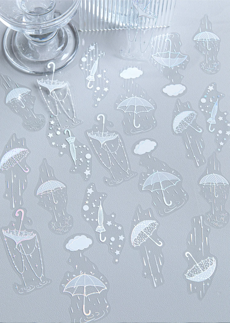 20 Stück Regenseizoen Regenschirm Thema PET Aufkleber Scrapbook Dekor Aufkleber Etikett Tagebuch Briefpapier Junk Journal Planer Materialien – Detail 9