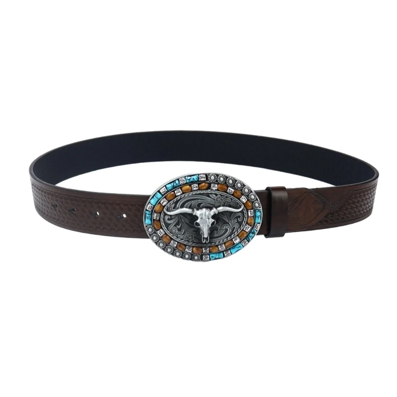 

N7YD Eye-Catching Relief Bull Head Buckle Waist Belt Adjustable Waistband for Men