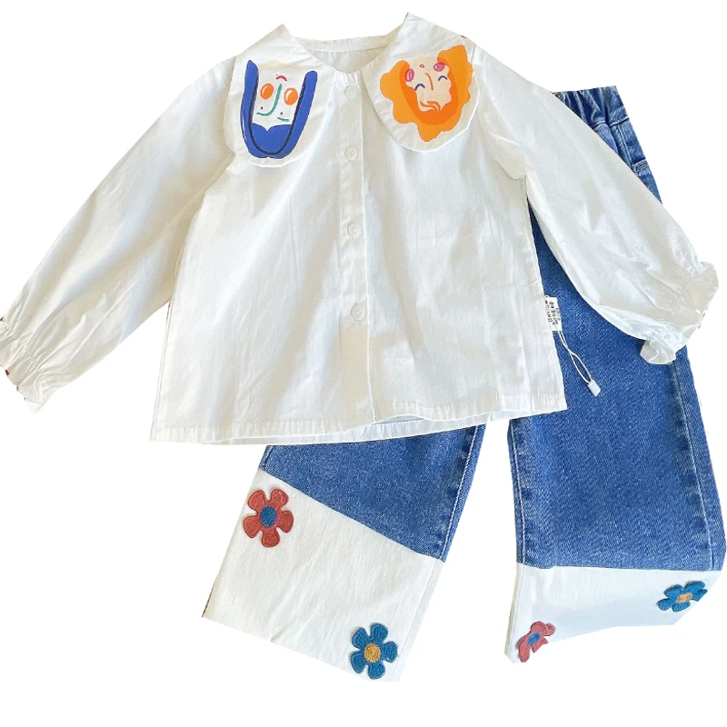 

Girl Shirt+Jeans 2023 Spring and Autumn New Girls' Cartoon Print Doll Neck Shirt+Flower Jeans Set Clothing