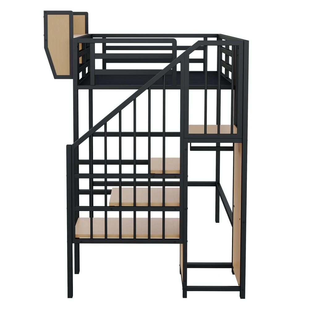 Schwarzes, robustes Metall-Hochbett 90x200cm mit Sicherheitsleiter & Staufächern, Bett für Kinder und Erwachsene, rutschfester, stabiler Rahmen – Detail 4