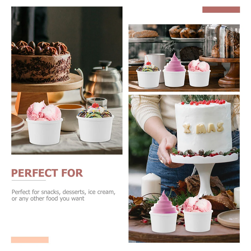 20 Pcs Disposable Ice Cream Paper Cup Smooth Sipping Paper Cake Cup Containers With Lid For Desserts Drinkware Bowls Vessel