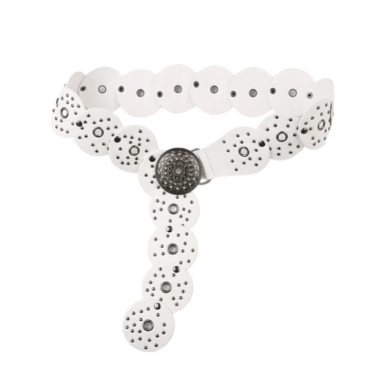 

Women Belt for Jeans Skirt Hollowed Round Disc Wide Waist Belt Subculture Pants Belt with Large Eyelet Clothing Decors