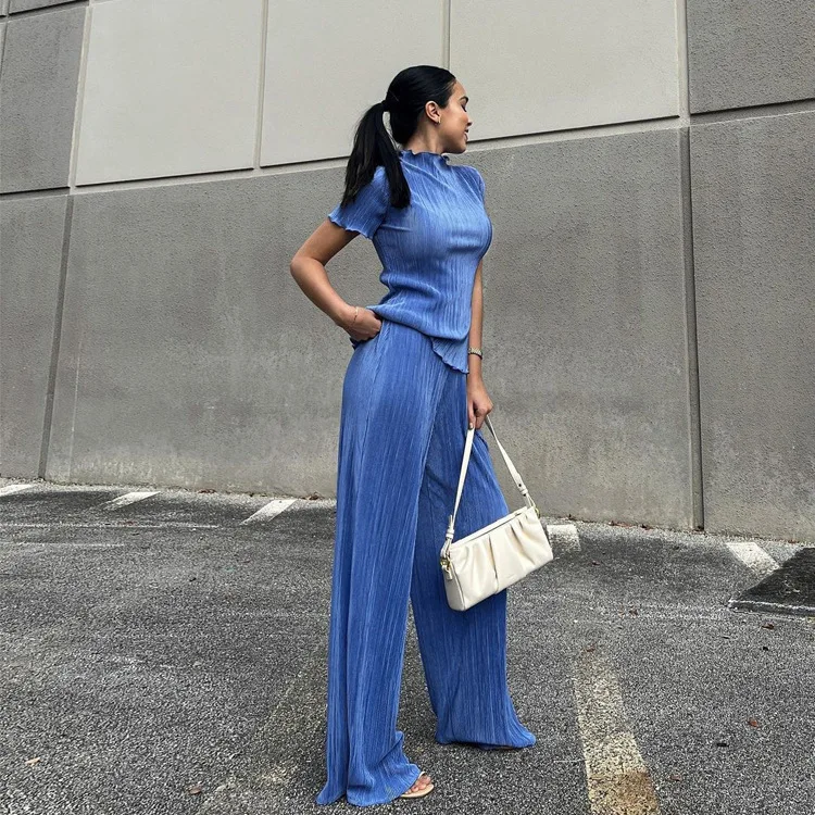 

Fashion Women's 2 Piece Set Pleated Round Neck Loose Short Sleeve Tops and High Waist Straight Wide Leg Pants Female Summer 2022
