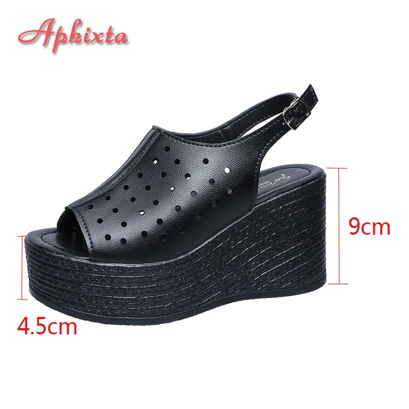 Aphixta Fashion Woman Black Sandals Side Buckle Peep Toe Women Summer Hollow Shoes Platform Sandal Lady Wedge Shoes Big Size 43