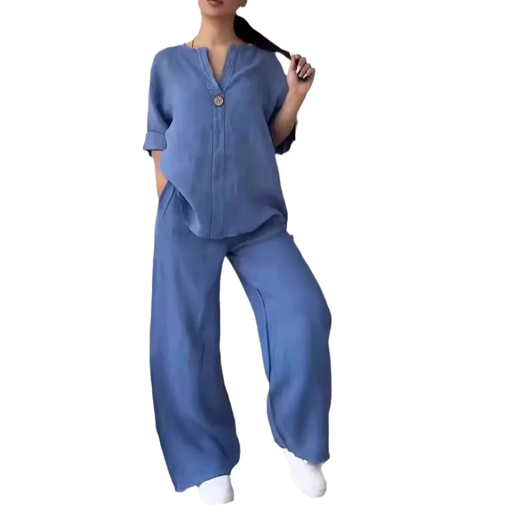 Cotton Linen Casual Long Sleeve Blouse and Wide Leg Pant Sets