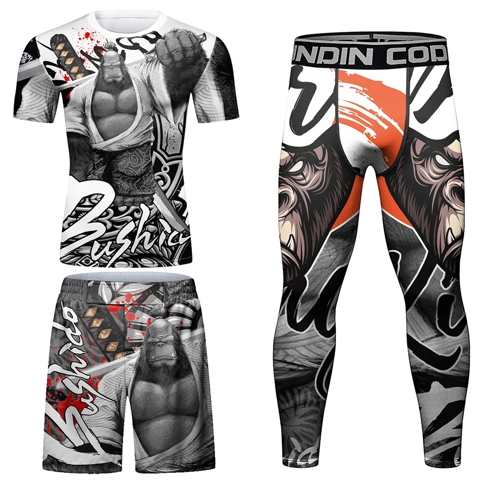 Men Rashguard Jiu Jitsu MMA T-shirt Pant 4/Pcs Sets Sport MMA Shorts Compression Boxing Jerseys Bjj Rash Guard Clothing Suits sports apparel