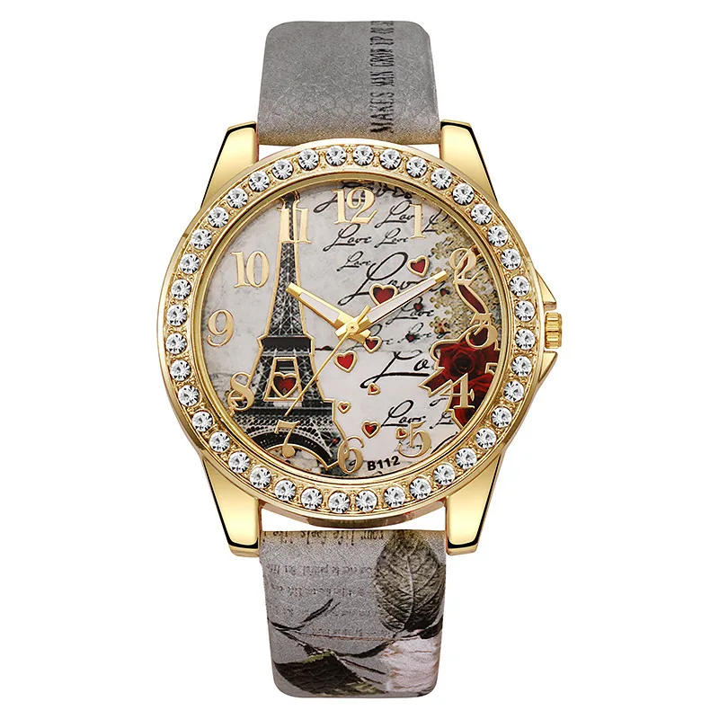 Belt printed women's watch Paris Tower digital diamond quartz watch