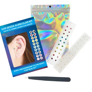 24K Gold Crystals Multi-Condition Ear Seeds Acupuncture Auricular Sticker Kit 40pcs Ear Seeds with Acupressure Ear Chart Tweezer