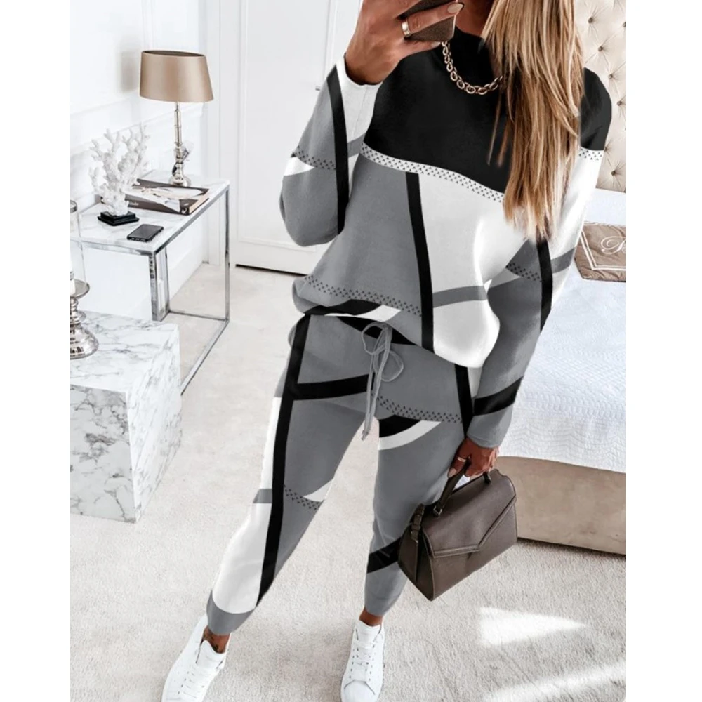 

Women Fashion Geometric Print Long Sleeve Top & Drawstring Pants Set Female 2 Pieces Sets Workout Pants Suit Sets Womens Outfits