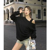 Lazy Style Grey Slant Collar Shoulder Bared Sweatshirt Casual Polyester Milk Silk Silver Fox Velvet Hoodie Street Trend Flora...