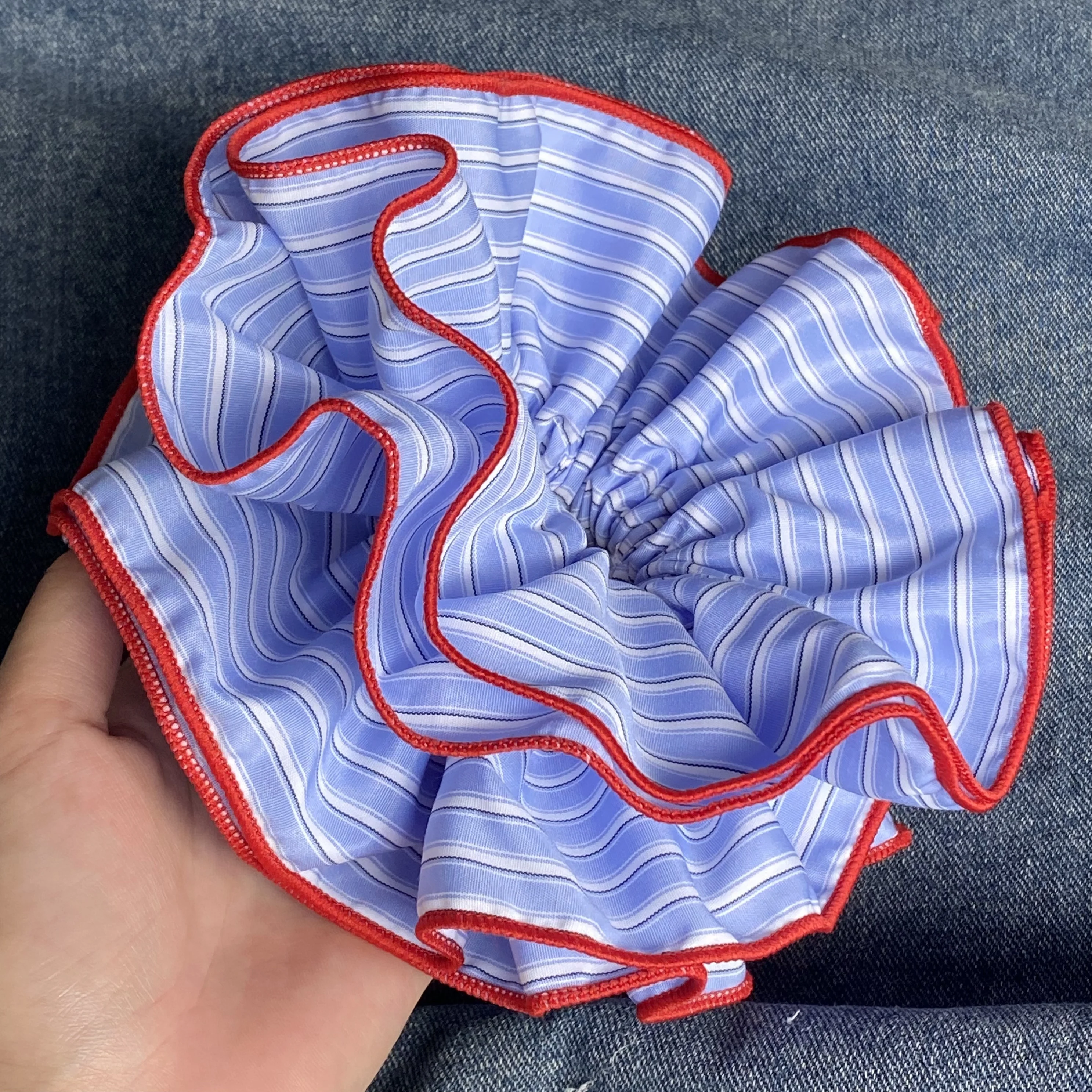1PC Large Blue Striped Hair Scrunchie with Red Ruffled Edges, Cute and Fashionable Hair Tie, Sweet Hair Accessory for Women
