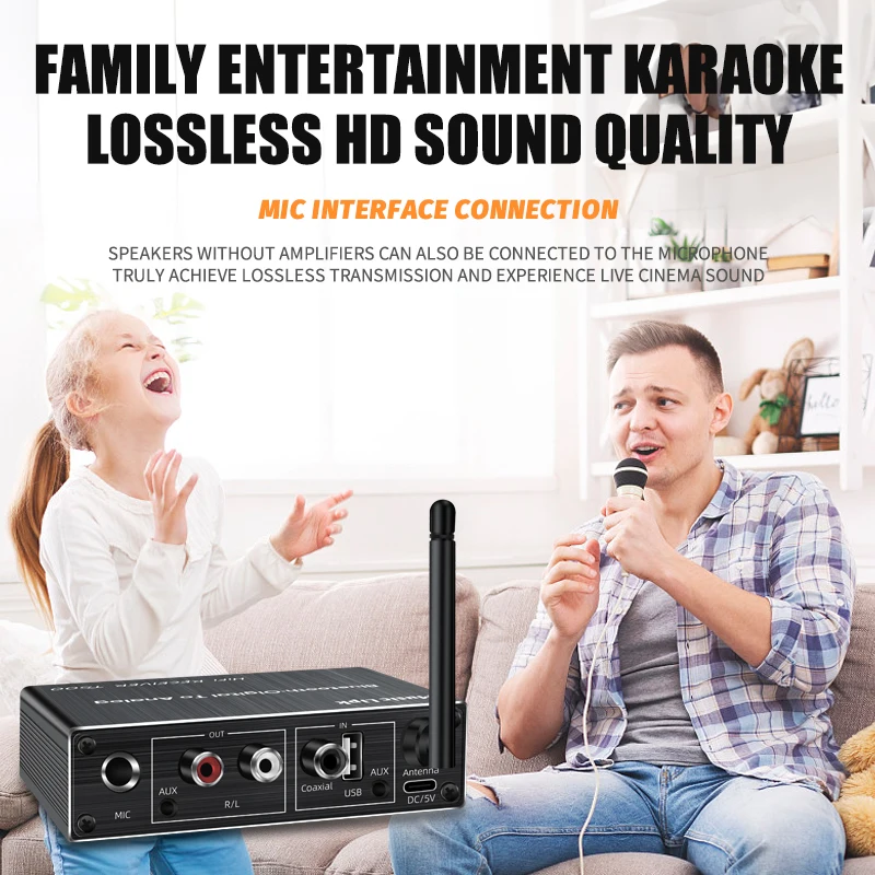 VAORLO Bluetooth 5.3 Audio Receiver+Coaxial DAC Converter+USB U-Disk Play+6.5 Micrphone Karaoke Wireless Adapter 3.5MM AUX RCA