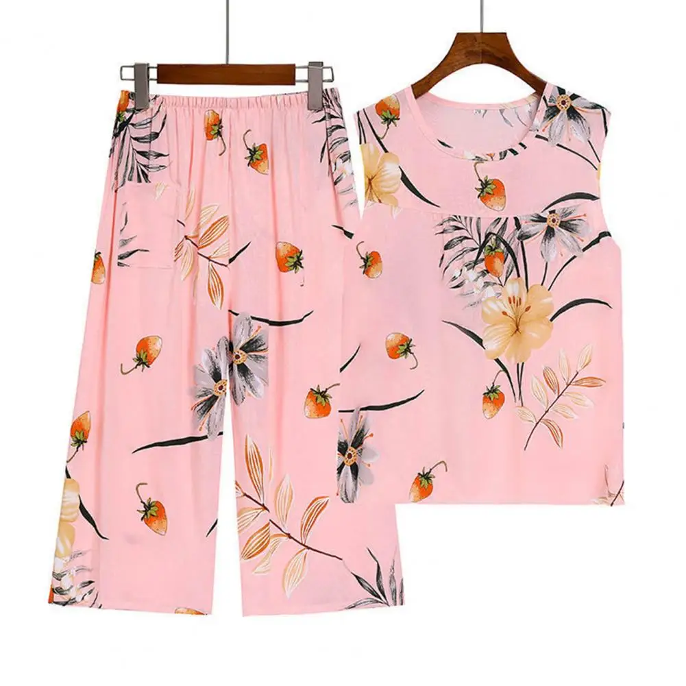 thumbnail image 1 of Verano Capris impreso mujeres dormir salón pijama sin mangas conjuntos de pijamas pijamas de dibujos animados poliéster ropa de dormir 3XL 5XL moda de hogar, 1 of 5