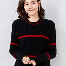  Striped Round Neck 100% Pure Woolen Sweater Women Autumn Winter 2022 New Thickened Sweater Loose Knit Base Cashmere 