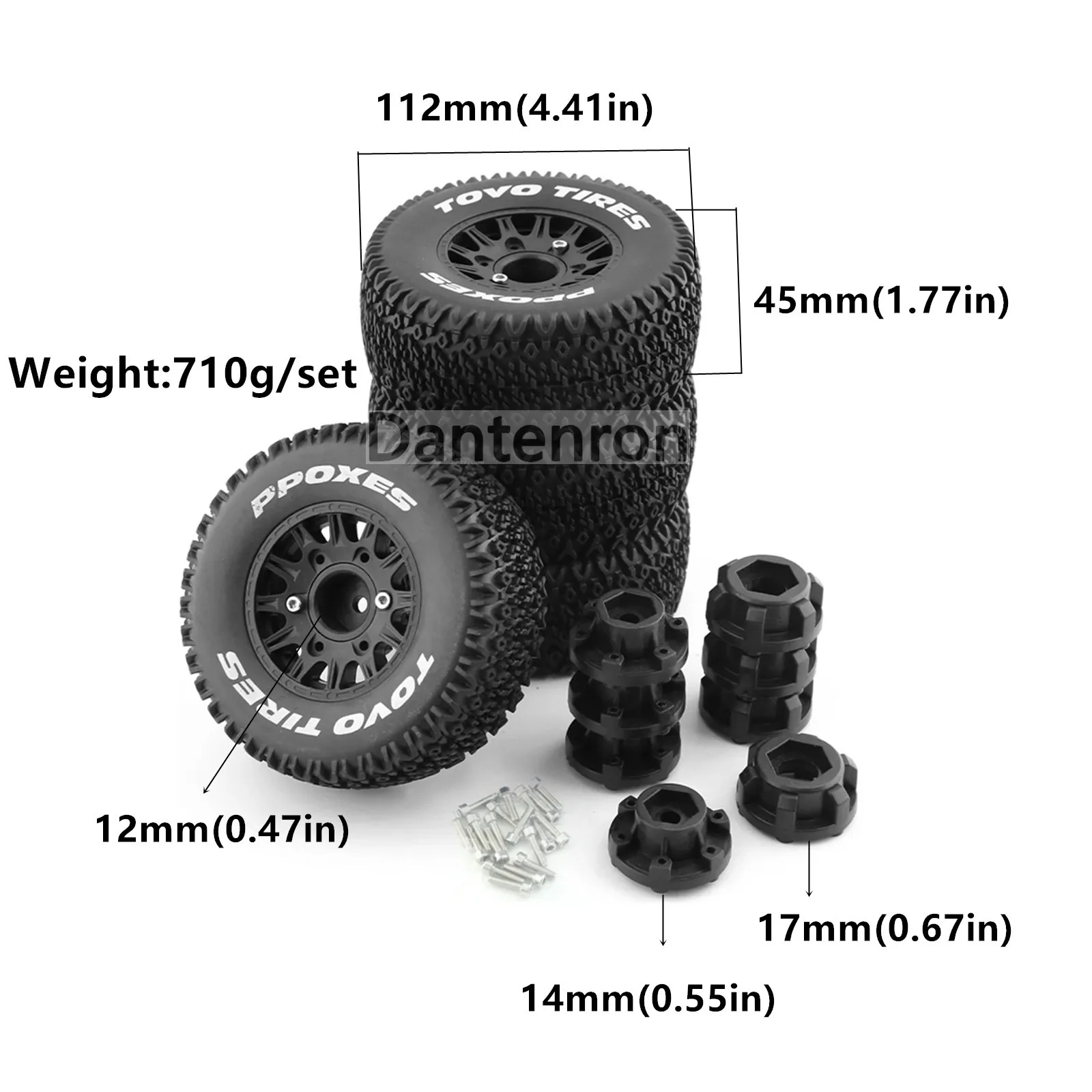 Roues RC hex 14mm pour camion 1/10, finition verte, vue de dessus montrant les détails du pneu.