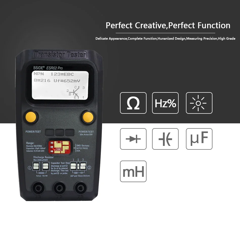 BSIDE Multi-purpose Transistor Tester Diode Triode Capacitance Resistor Meter MOS/PNP/NPN SMD test Multimeter ESR02pro 3