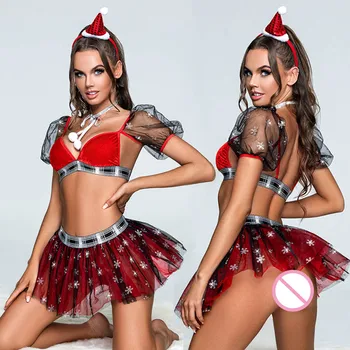JSY Sexy Christmas Uniform Cosplay Lingerie Set Red Lace Women's Skirt Underwear Erotic Lingerie Costumes Sexy Role Play Outfits 1