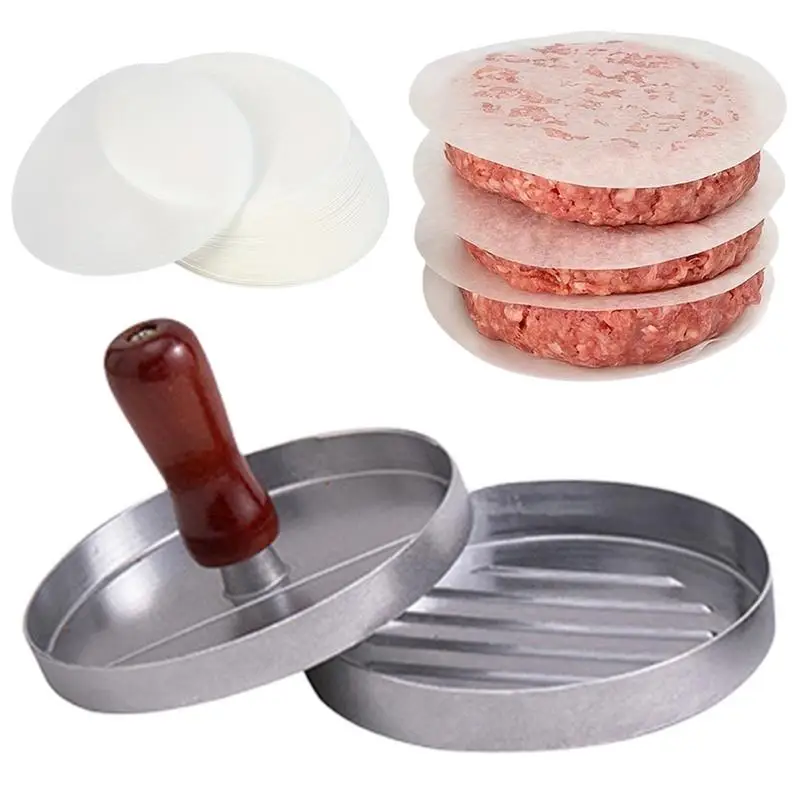 

Hamburger patty press mold Non-Stick Hamburger Patty Maker With Round Molds Detachable Handle With 100 Sheet Oil Papers Ideal