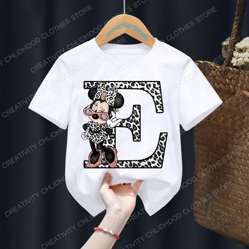 Minnie lettera A B C D T-Shirt per bambini Kawaii Disney vestiti per ragazze T Shirt Anime cartoni animati Casual Kid Boy manica corta top