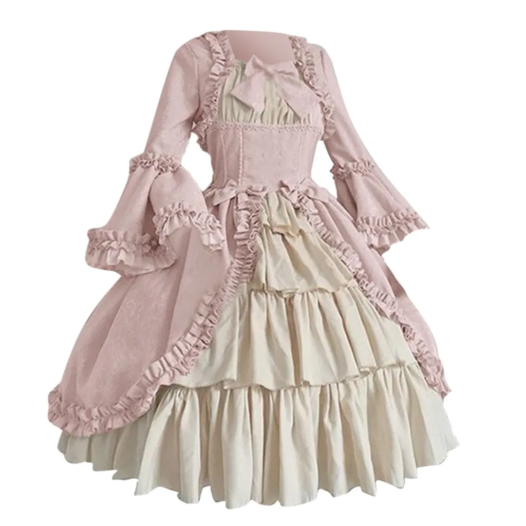 

ladies Vintage Gothic Court Dress Bow Lolita Dresses Medieval Square Collar Waist Hugging Stitching Ruffle Cute Puffy Dress