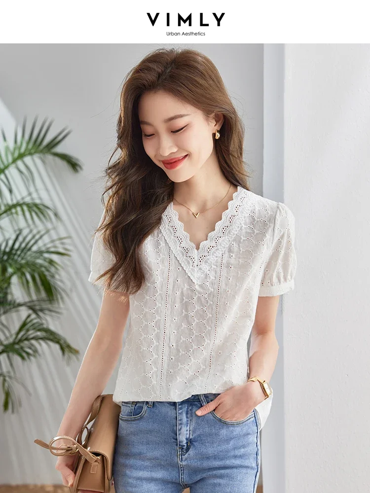 Vimly French Sweet Chic Embroidery White Shirts & Blouses for Women 2023 Summer Fashion 100% Cotton V Neck Short Sleeve Tops vimly summer 2023 floral print women s shirts french chic chiffon shirts