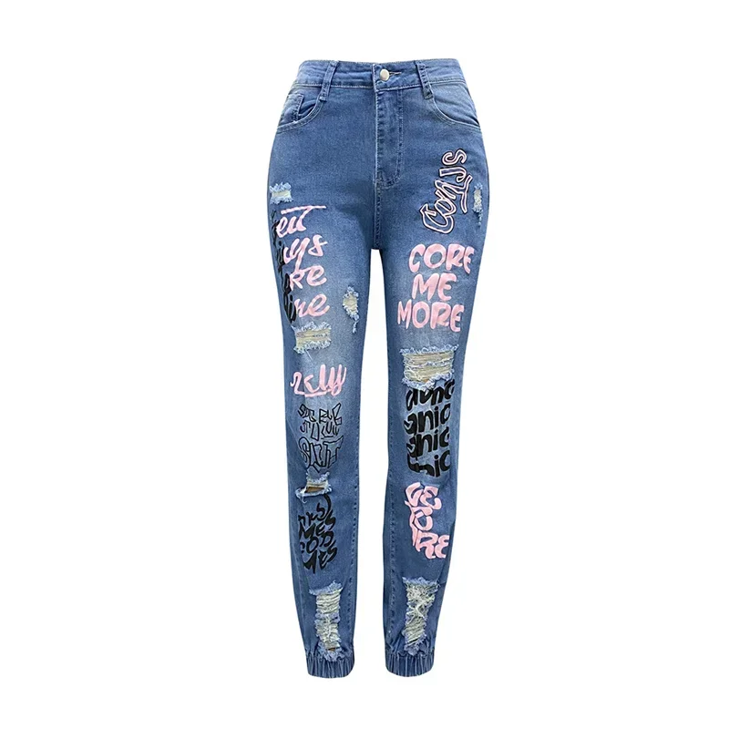 Fashion Alphabet Print Stretch Leg Pencil Jeans Women Trend Broken Holes Denim Pants Female Slim Mid Waist Button Chic Trousers