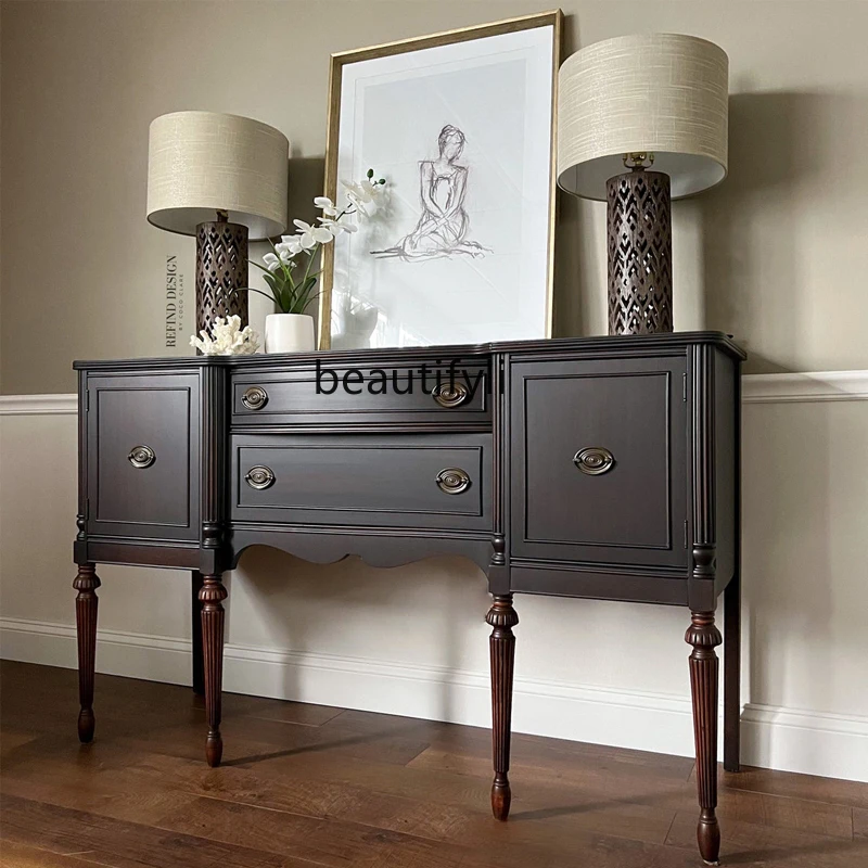 

French Retro Entrance Cabinet Black Solid Wood Living Room Sideboard Cabinet Console Tables Storage Cabinet