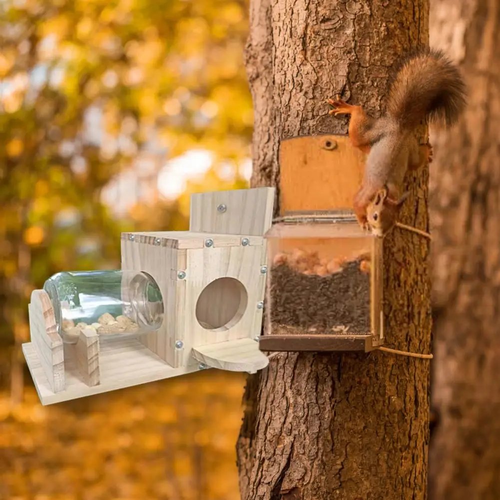 

Glass Squirrel Feeder Squirrel Feeding Device Weather-proof Wooden Squirrel Feeder Heavy Duty Easy Refill Outdoor for Clean