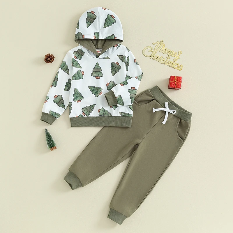 

Baby Boy 2 Piece Outfits Christmas Tree Print Long Sleeve Hoodie Sweatshirt and Elastic Pants for Toddler Fall Clothes