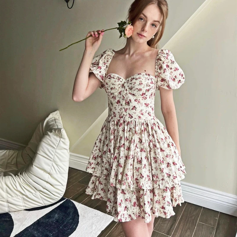 

Elegant Backless Square Collar Puff Sleeve Vintage Dresses Summer Floral Print Ruffles Mini Dress Women Vestidos Party