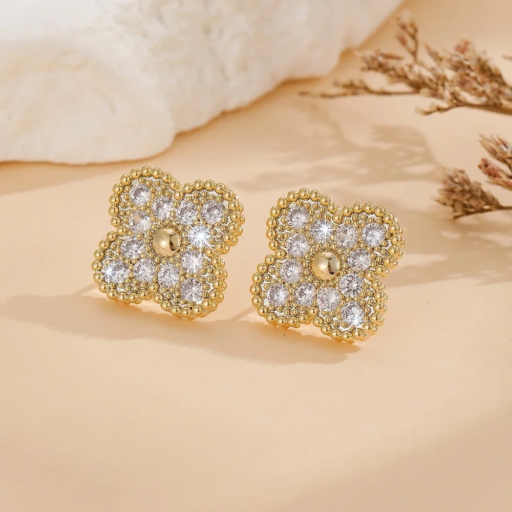 Four Leaf Earrings Micro Inlaid Zircon Series Four Leaf Lucky Earrings For Girls