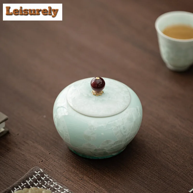 Ice Crystal Green Round Belly Tea Box Organizer Moisture-proof Antique Storage Tank Containers Tea Caddy Tea Ceremony Ornaments