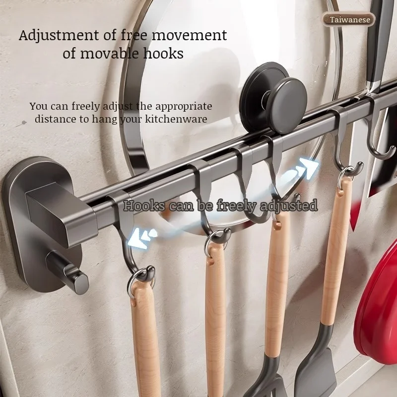 Kitchen Hook Rack No Hole Hanging Rod Wall Mounted Shelf Multifunctional Spatula Spoon Storage Hanging Shelf