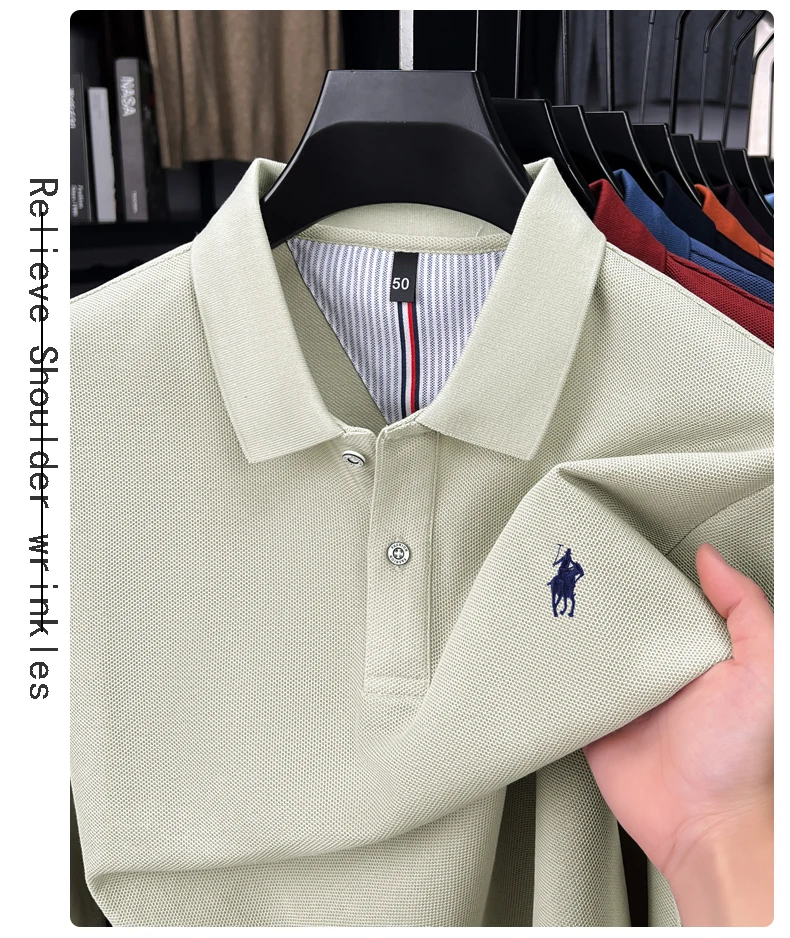 Hochwertiges Langarm-Poloshirt aus 100 % reiner Baumwolle für Herren, entworfenes High-End-Marken-Lou Pony-Stickerei, luxuriöses neues lässiges Golf-T-Shirt – Detail 8