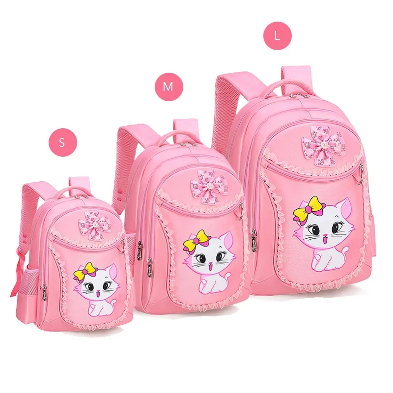 School Bags Pink Cat Sweet Cute Nylon Backpack for Women Girl Backpacks Bag Doll Pendant Fashion School Bag 3 Pieces for Girl