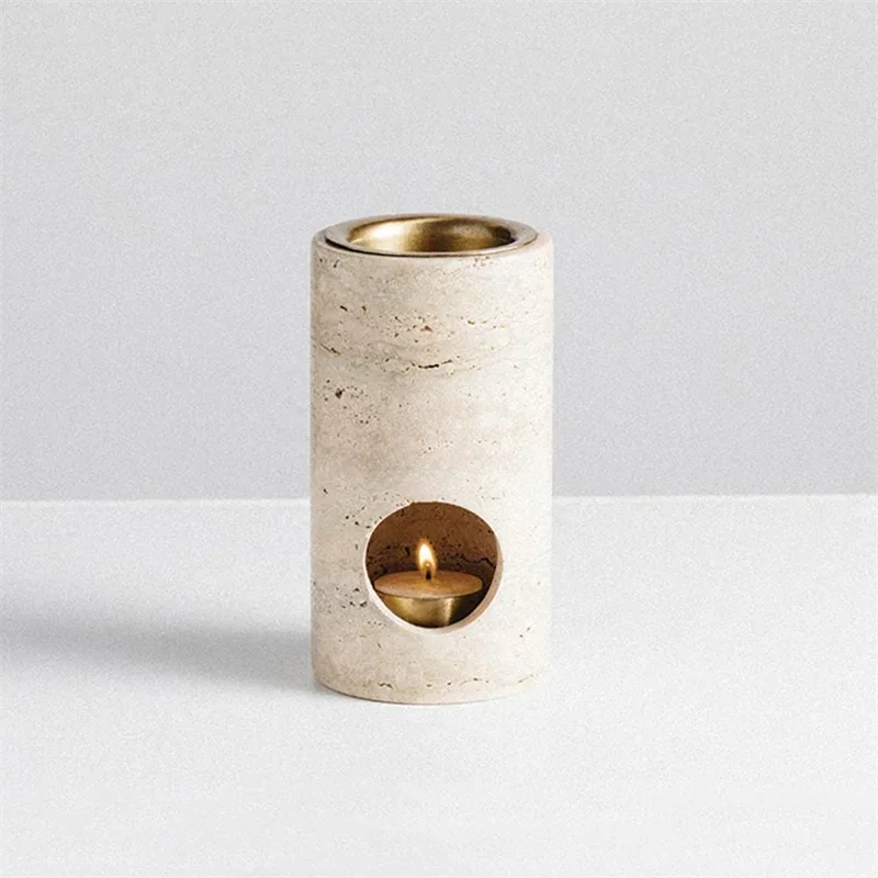 

Wholesale Customized Turkish Beige Travertine Stone Cylinder Essential Oil Burner Essential Oil Diffuser