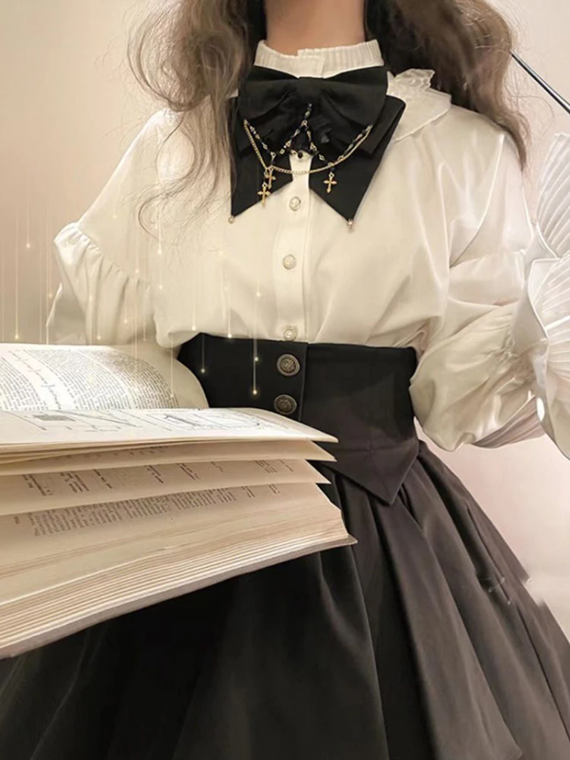 Japanese Victorian Gothic Lolita Skirts Women Two-piece Set Vintage Lantern Sleeve Shirt Organ Petticoats Belted Pleated Skirt