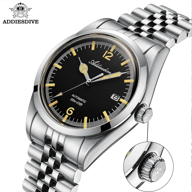 ADDIESDIVE Men's Watches Jubilee Strap Luminous 100m Waterproof 316L Stainless Steel Automatic Mechanical Watch Reloj Hombre