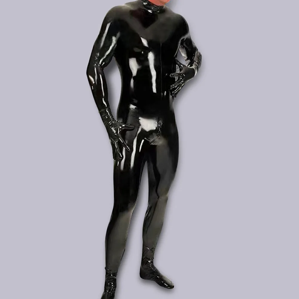 Sexy Men Oil Shiny Full Body Cover Bodysuit PU Faux Leather U Convex Pouch Jumpsuit Sexy Tight Gay Wear Plus Size With Glove