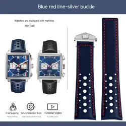 Men's Soft Genuine Cowhide Leather Watchband with Folding Buckle - 22mm, Compatible with Tag Heuer Monaco Series for 22mm (Blue red - silver)