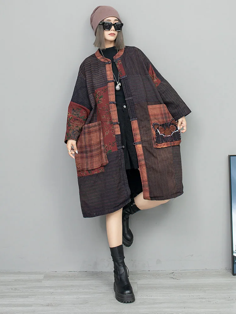 

Vintage Hand-embroidered Sticker Paneled Old Cloth Plate Button Cardigan Double-layer Mid-length Jacket Women's Autumn Winter