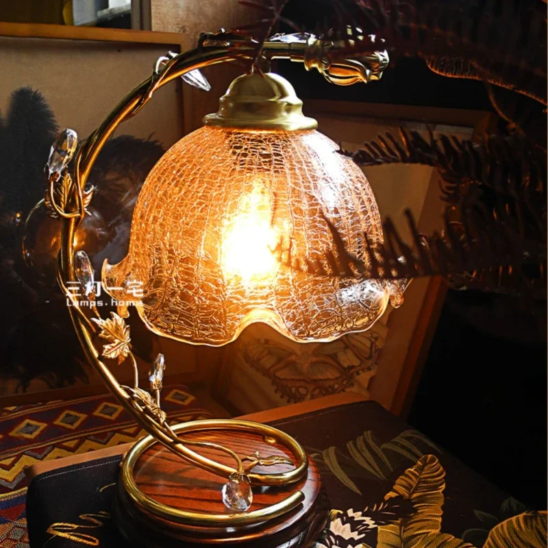 Three Lights, One House Walnut Color Brass Light Luxury Warm And Romantic Atmosphere American Crystal Festive Bedside Lamp