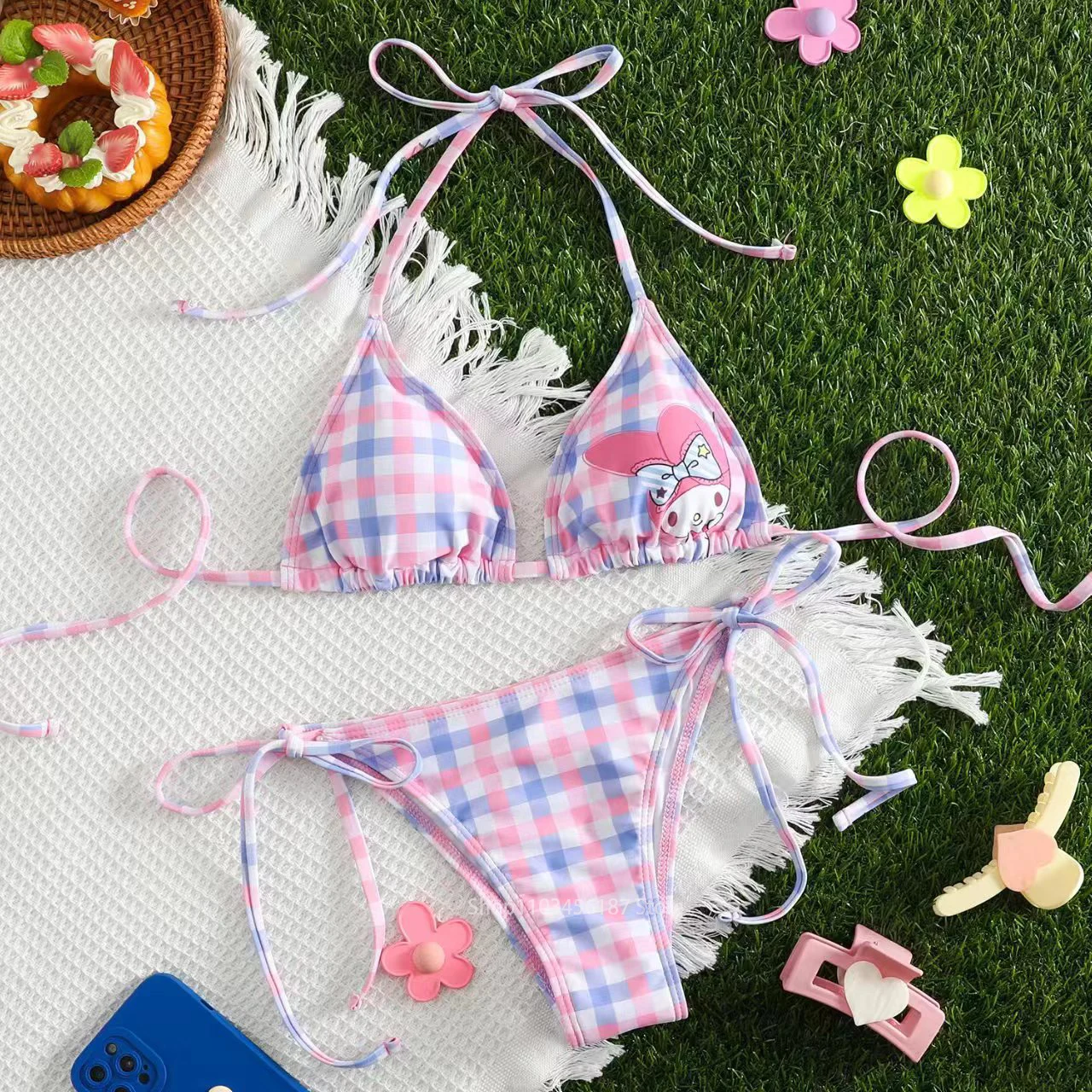 

2Pcs Sanrio Melodys Bikini Set Cute Cartoon Y2K Summer Beach Soft Side Strappy Panties Sexy Bikini Lovely Swimsuit Girl Gifts