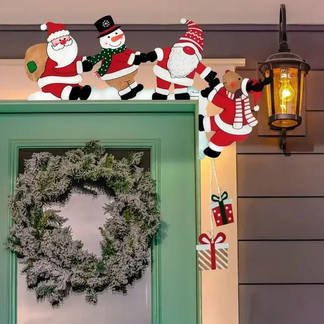 Wood Santa Christmas Door Corner Decor Christmas Door Frame Decor Snowman Reindeer Frame Sign Wooden Pendant Party House Decor 1