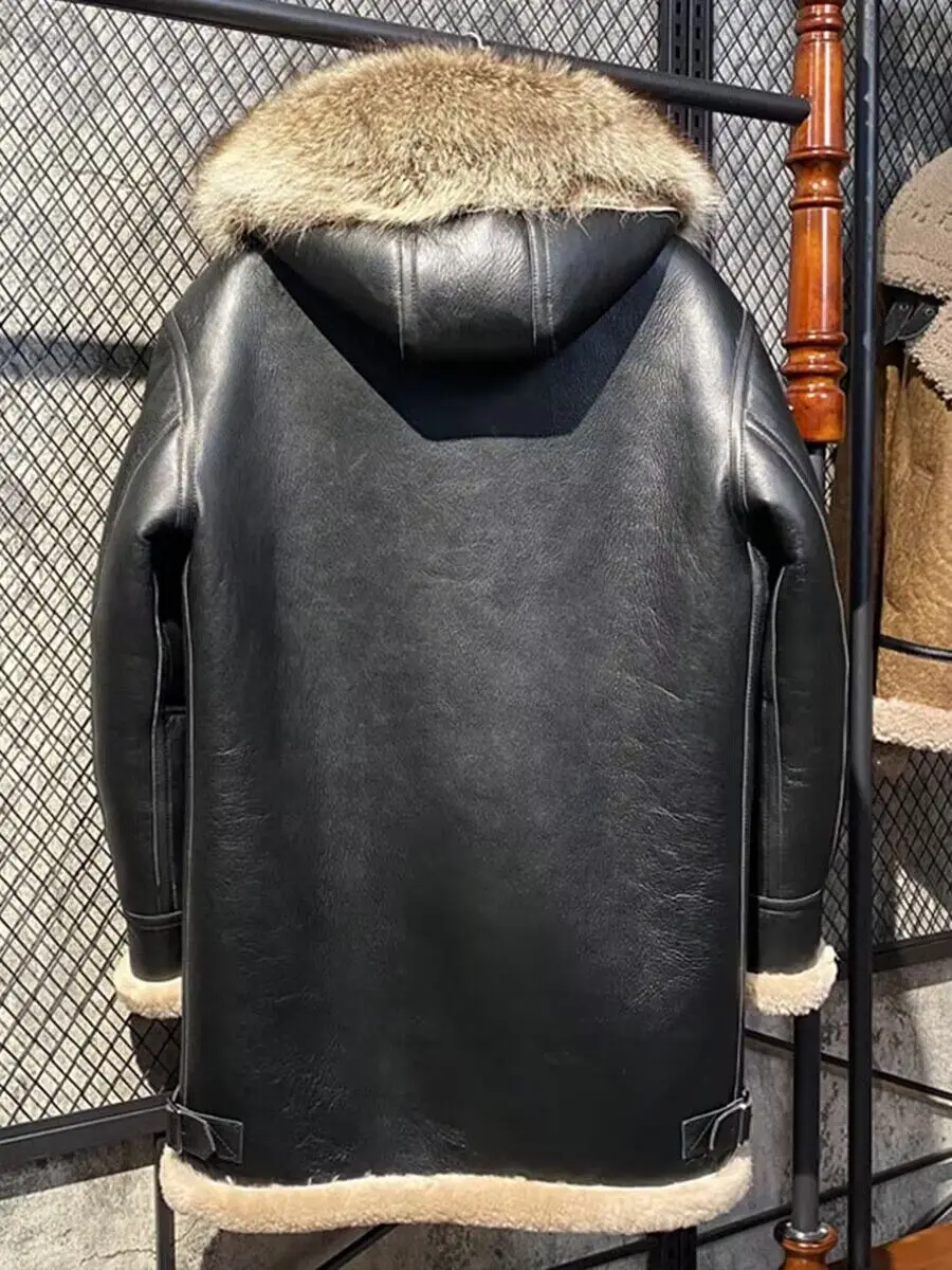 Genuine Real Leather Jacket for Man Natural Sheepskin Shearling Coat Long with Raccoon Fox Fur Hood Wool Lining XXXXXXXXXL 8XL